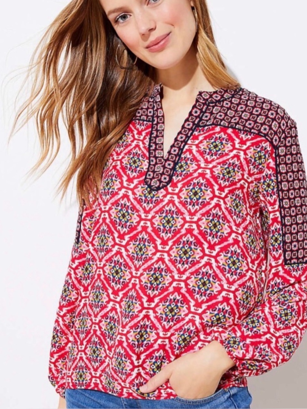 LOFT Mixed Mosaic Split Neck Block Print Blouse Size XS